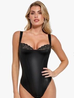 Popilush Faux Leather Corset Bodysuit Black XS Lace Trim NWT